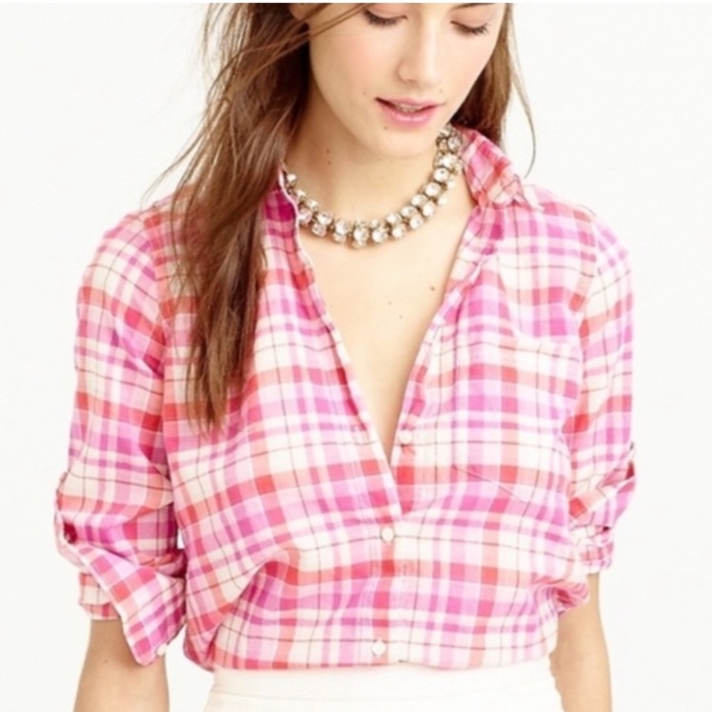 J Crew Boy Pink Crinkle Plaid Shirt